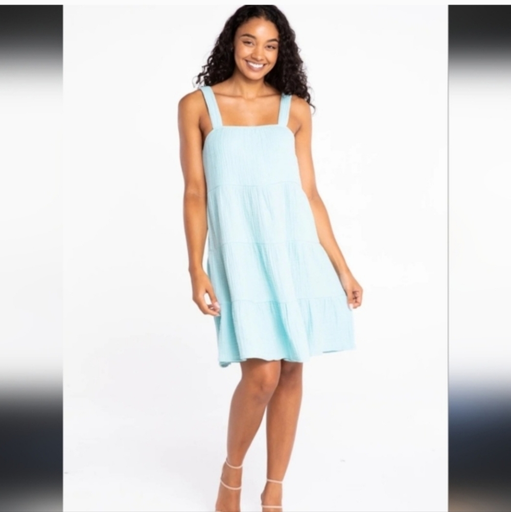 Square-Neck Tiered Mini Sundress in Light Blue